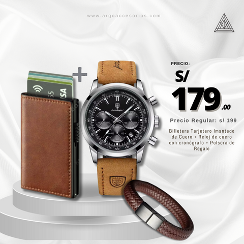 Combo Cronógrafo Clásico (Reloj Poedagar Cuero + Billetera+ Pulsera)