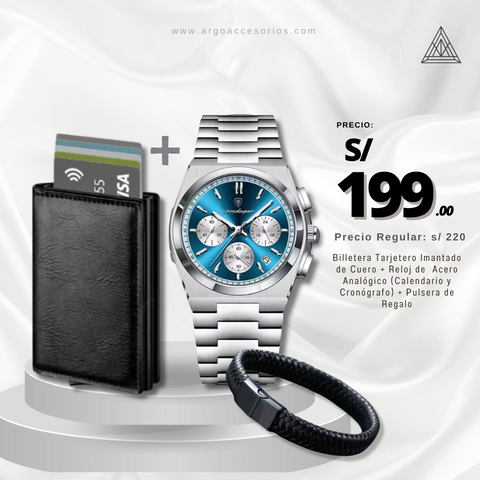 Combo Azul Elegance (Reloj Poedagar Cuero + Billetera + Pulsera)