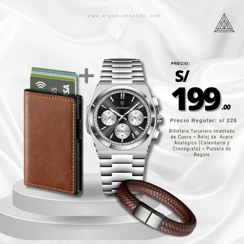 Combo Black Elegance (Reloj Poedagar Cuero + Billetera + Pulsera)